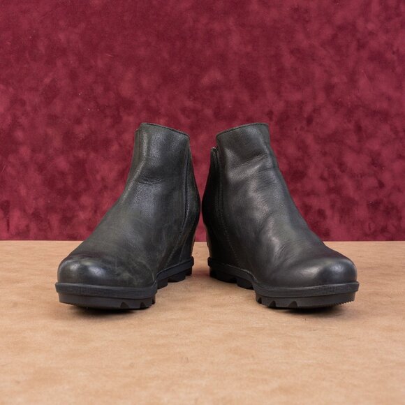 Sorel Wmn Joan Of Artic Wedge III Zip Black Leather Zip Lug Ankle Boots sz 7 - Picture 3 of 8
